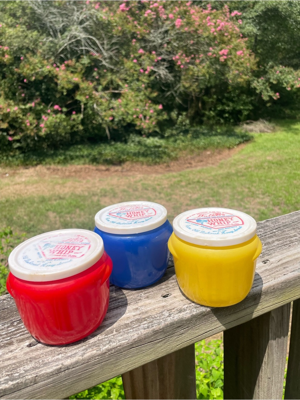 Vintage Walker’s Honey Whip Glasbake jars with original plastic lids 1950s-60s.